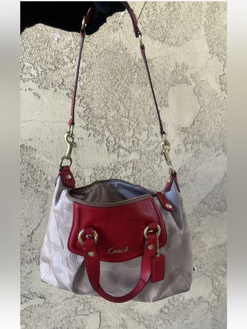 Coach Ashley Signature Khaki Red Op Art Dotted Satchel Crossbody, 2012, F20027 - Picture 2 of 16